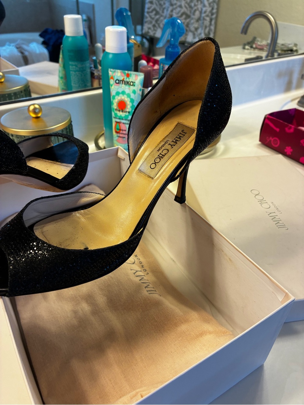 Jimmy Choo Black Glitter D'Orsay Peep-Toe Heel
